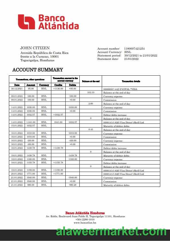 Honduras Banco Atlantida Bank statement template, Word and PDF format